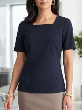 BROOKS BROTHERS Navy Square Neck Top M | Structured Fitted Career Blouse